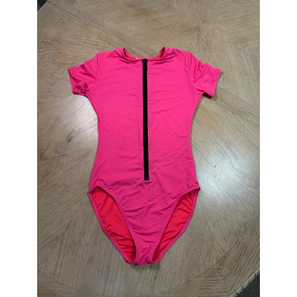 Michael Kors short sleeve neon pink one-piece swimsuit black front zipper size 4